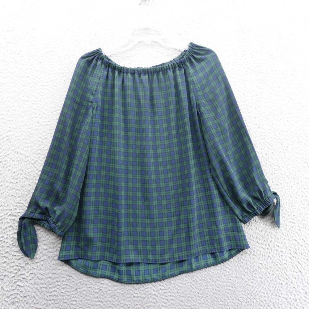 Talbots Tartan Plaid Tunic Top Womens Medium Blue Green Off Shoulder 3/4 Sleeve